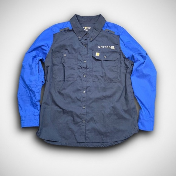 Carhartt Force United Airlines Work Shirt Mens XL Navy Blue Button Up 103682